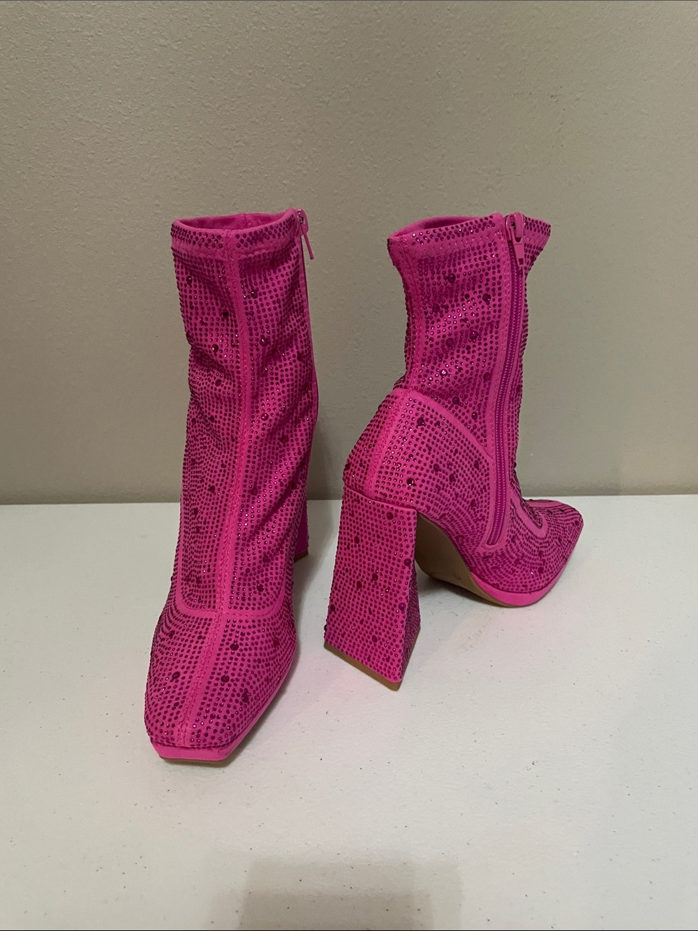 Women's Fuchsia Sequin Block Heel Ankle Boots